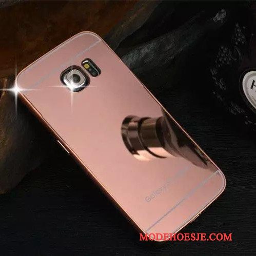 Hoesje Samsung Galaxy S6 Edge Zakken Roze Omlijsting, Hoes Samsung Galaxy S6 Edge Metaal Spiegel Achterklep