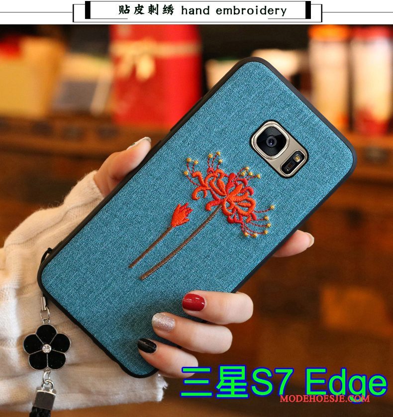 Hoesje Samsung Galaxy S7 Edge Siliconen Borduurwerk Trend, Hoes Samsung Galaxy S7 Edge Zacht Telefoon Blauw