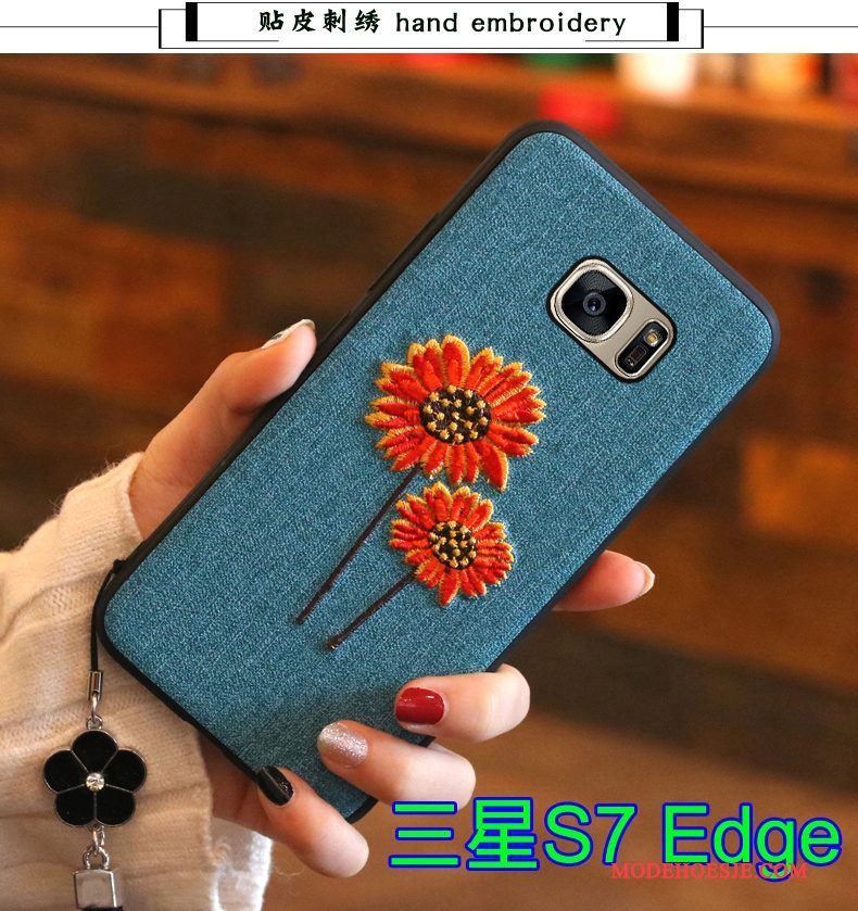 Hoesje Samsung Galaxy S7 Edge Siliconen Borduurwerk Trend, Hoes Samsung Galaxy S7 Edge Zacht Telefoon Blauw