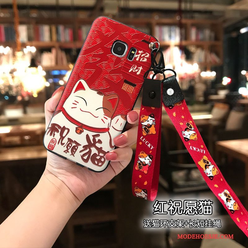 Hoesje Samsung Galaxy S7 Edge Zakken Rood Kat, Hoes Samsung Galaxy S7 Edge Siliconen Rijkdom Mooie