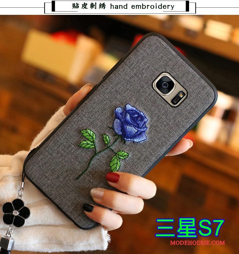 Hoesje Samsung Galaxy S7 Siliconen Telefoon Borduurwerk, Hoes Samsung Galaxy S7 Zacht Trend Blauw