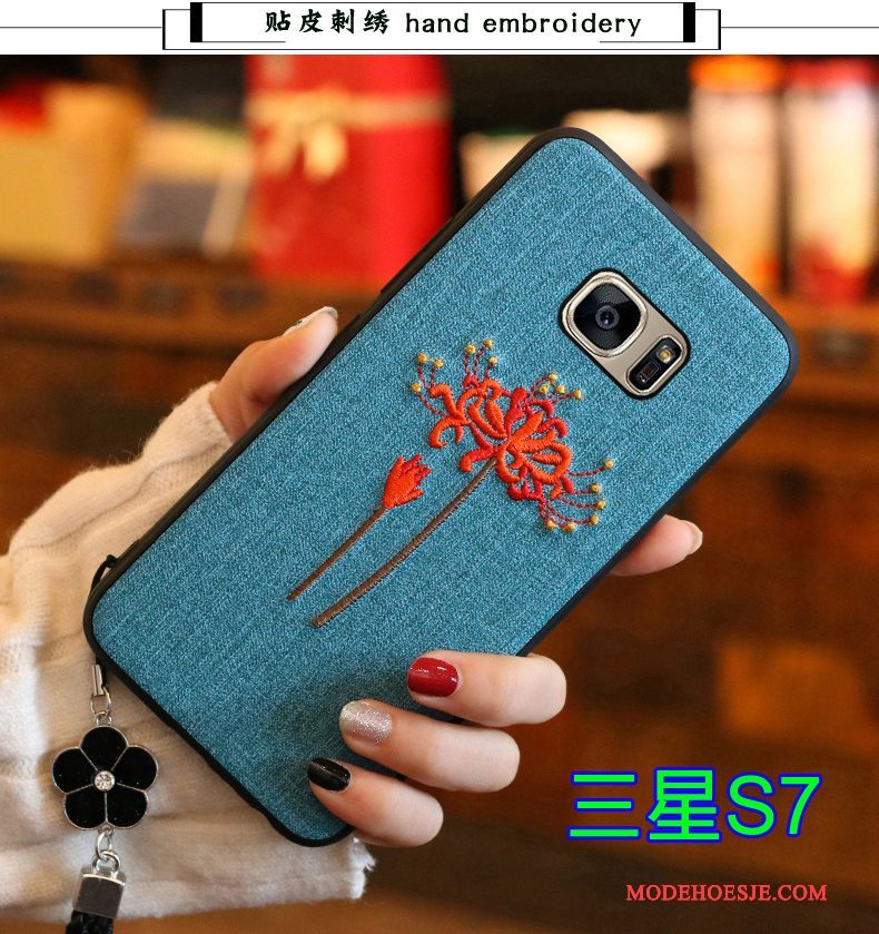 Hoesje Samsung Galaxy S7 Siliconen Telefoon Borduurwerk, Hoes Samsung Galaxy S7 Zacht Trend Blauw