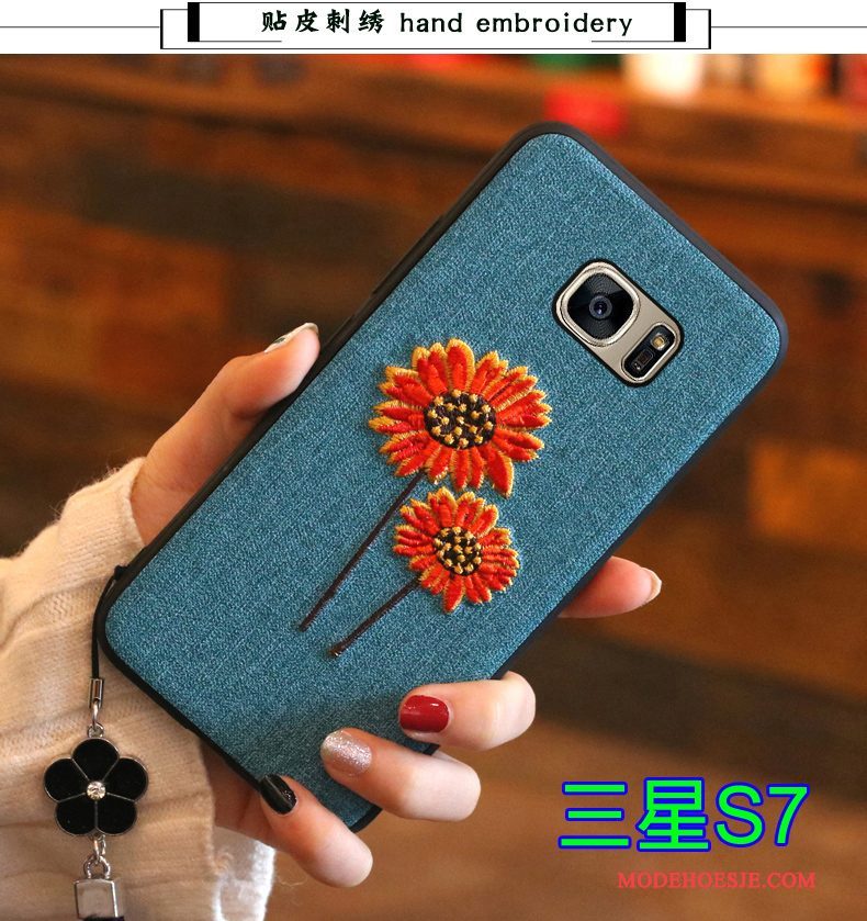 Hoesje Samsung Galaxy S7 Siliconen Telefoon Borduurwerk, Hoes Samsung Galaxy S7 Zacht Trend Blauw