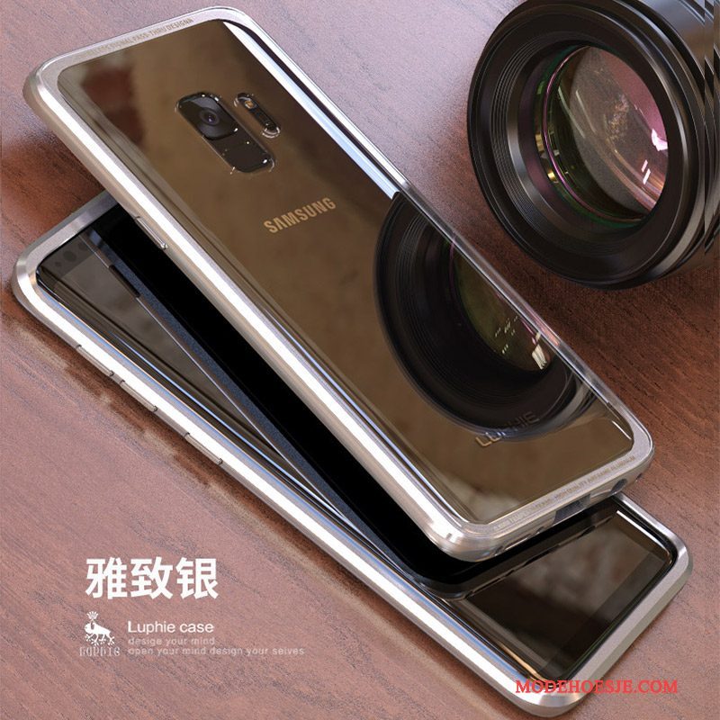 Hoesje Samsung Galaxy S9+ Bescherming Gehard Glas Achterklep, Hoes Samsung Galaxy S9+ Zakken Zilvertelefoon