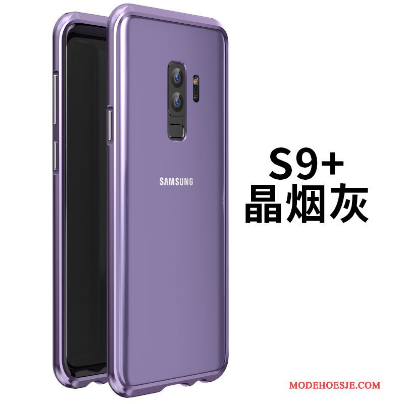 Hoesje Samsung Galaxy S9+ Metaal Glas Omlijsting, Hoes Samsung Galaxy S9+ Zakken Telefoon Blauw