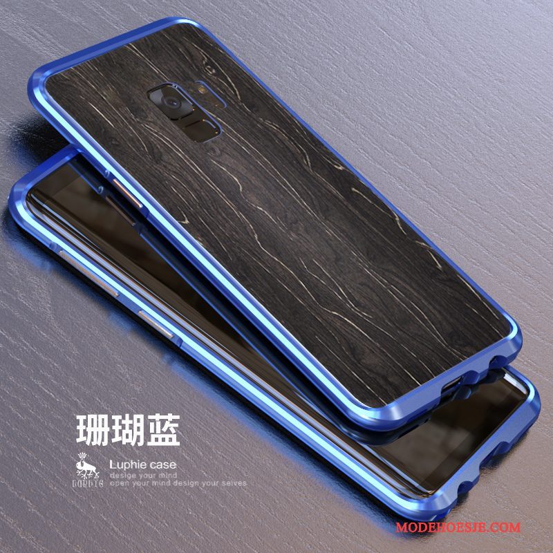 Hoesje Samsung Galaxy S9+ Metaal Glas Omlijsting, Hoes Samsung Galaxy S9+ Zakken Telefoon Blauw