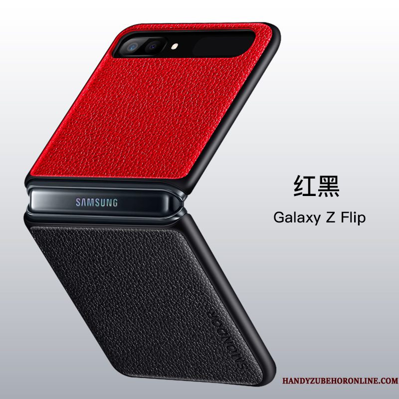 Hoesje Samsung Z Flip Leer Spleet Vouw, Hoes Samsung Z Flip Siliconen Anti-fall Rood