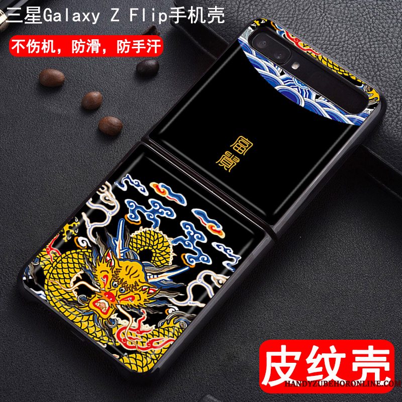 Hoesje Samsung Z Flip Spotprent Vouw Zwart, Hoes Samsung Z Flip Leer Dragon Patroontelefoon