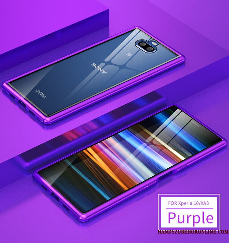 Hoesje Sony Xperia 10 Metaal Blauw Twee Kleuren, Hoes Sony Xperia 10 Omlijsting Glas