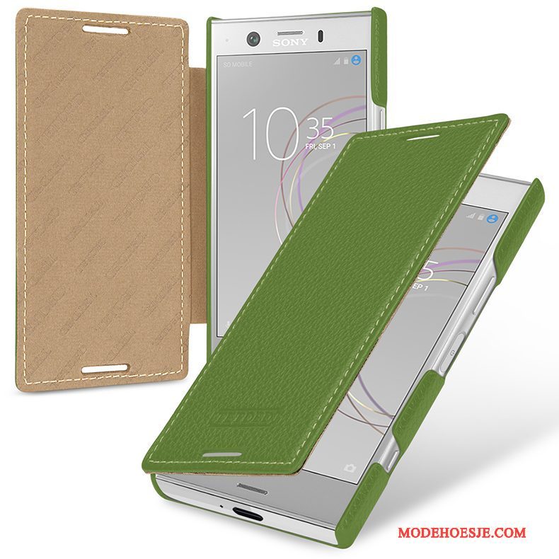 Hoesje Sony Xperia Xz1 Compact Leer Groen Anti-fall, Hoes Sony Xperia Xz1 Compact Folio Diepe Kleurtelefoon