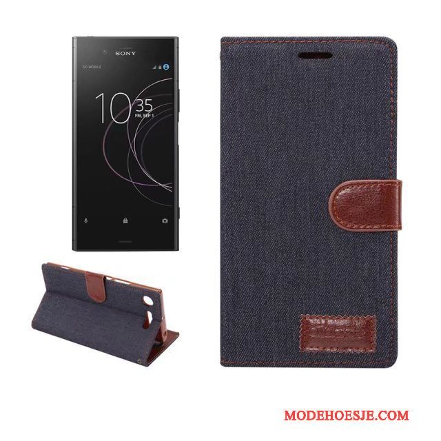 Hoesje Sony Xperia Xz1 Leer Denim Groen, Hoes Sony Xperia Xz1 Bescherming Telefoon