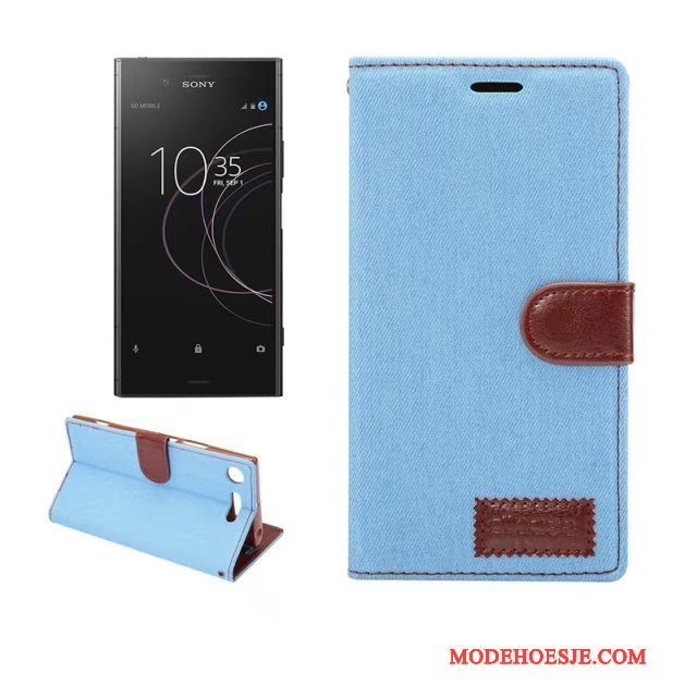 Hoesje Sony Xperia Xz1 Leer Denim Groen, Hoes Sony Xperia Xz1 Bescherming Telefoon