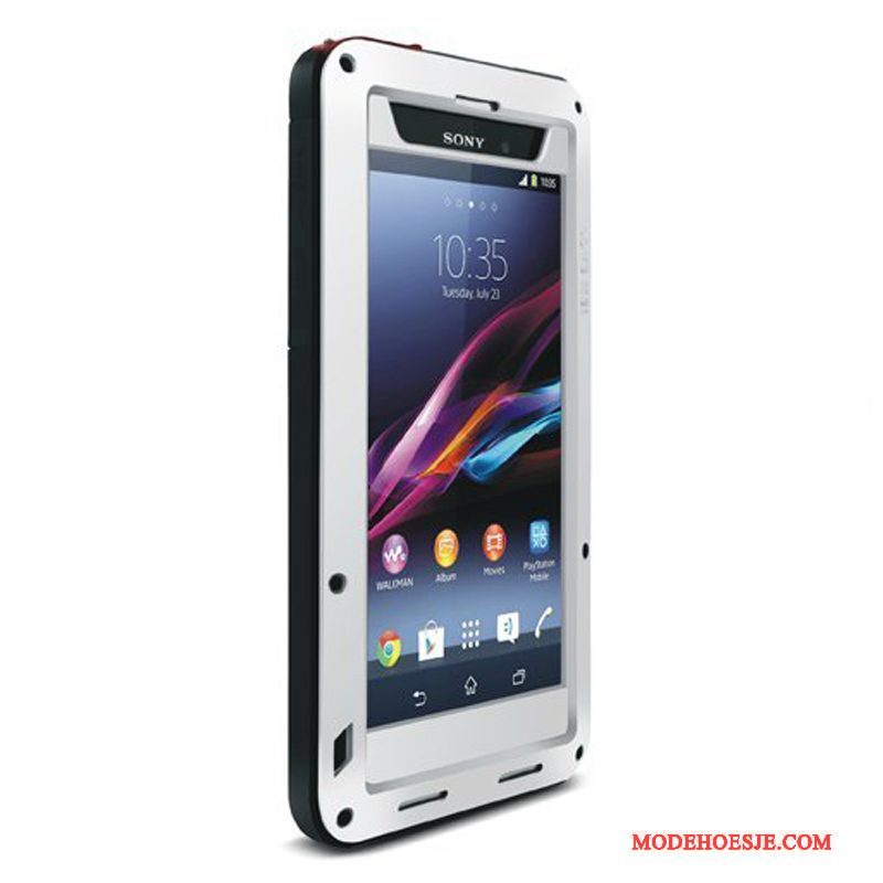 Hoesje Sony Xperia Z1 Bescherming Drie Verdedigingen Wit, Hoes Sony Xperia Z1 Zakken Zilvertelefoon