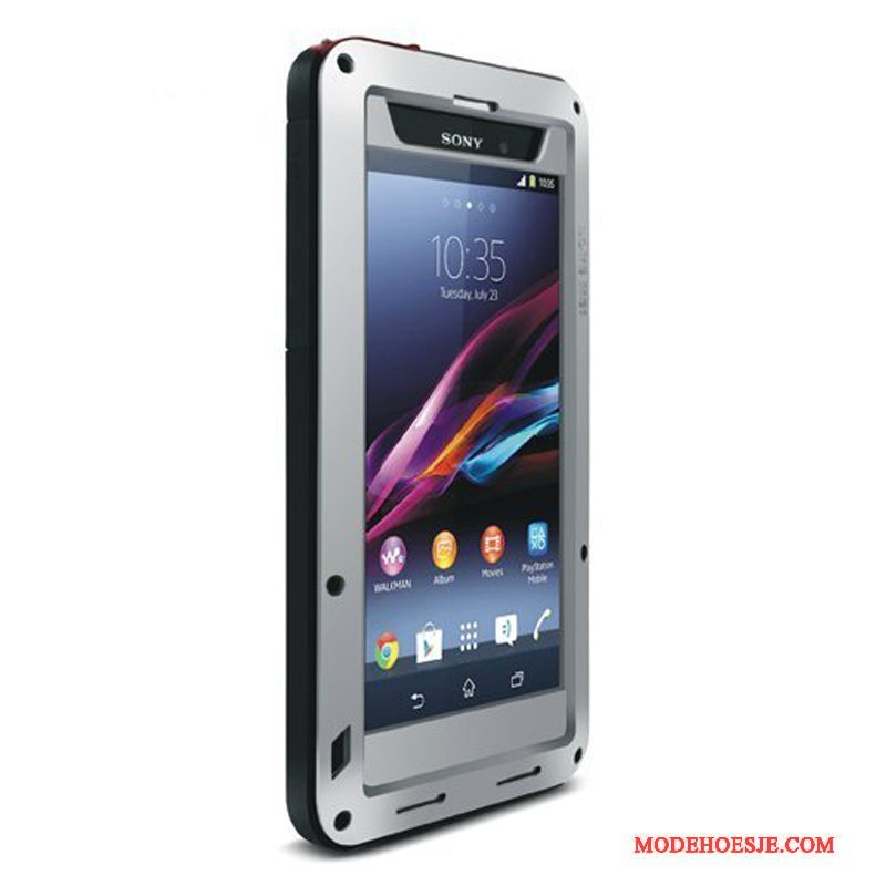 Hoesje Sony Xperia Z1 Bescherming Drie Verdedigingen Wit, Hoes Sony Xperia Z1 Zakken Zilvertelefoon