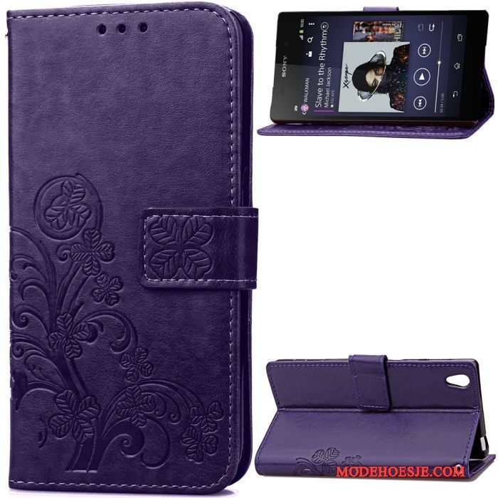 Hoesje Sony Xperia Z2 Portemonnee Purper Anti-fall, Hoes Sony Xperia Z2 Bescherming Reliëftelefoon