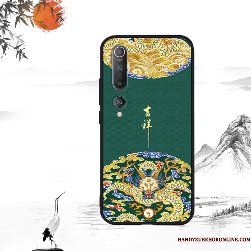 Hoesje Xiaomi Mi 10 Reliëf Telefoon Groen, Hoes Xiaomi Mi 10 Bescherming Anti-fall Trend