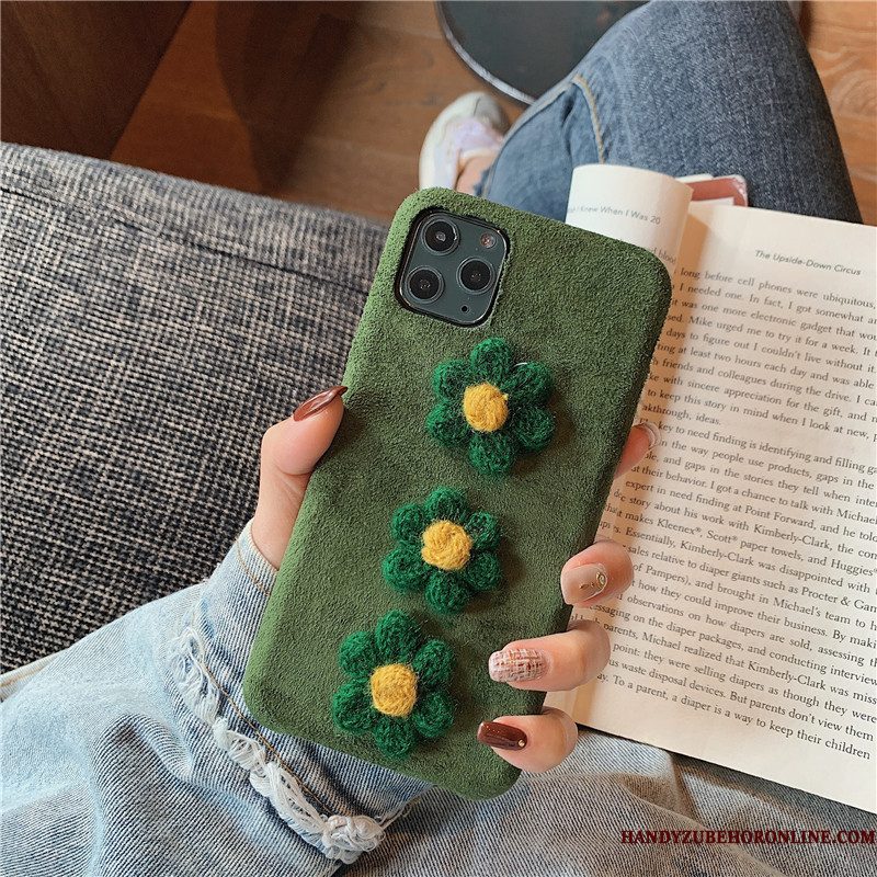 Hoesje iPhone 11 Pro Bloemen Driedimensionaal, Hoes iPhone 11 Pro Groen Pluche