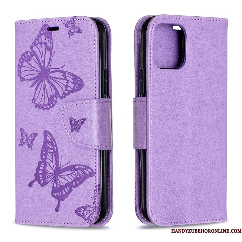 Hoesje iPhone 11 Pro Folio Effen Kleur Reliëf, Hoes iPhone 11 Pro Reliëf Vlinder Hanger