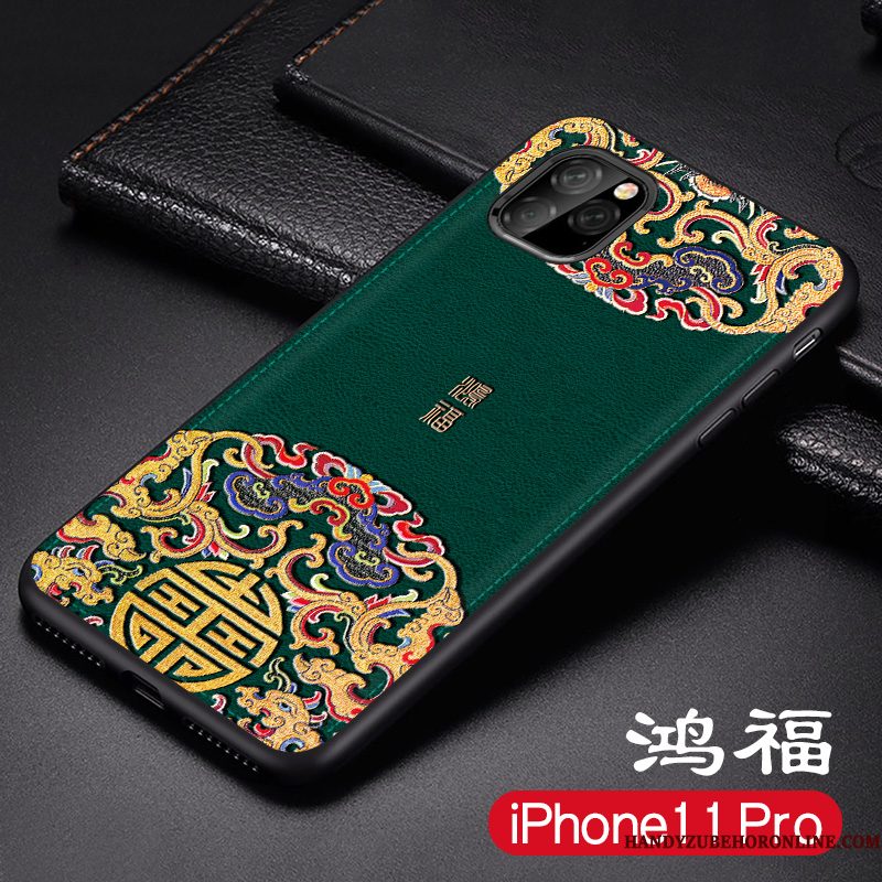 Hoesje iPhone 11 Pro Max Leer Anti-fall Schrobben, Hoes iPhone 11 Pro Max Siliconen Dragon Patroon Blauw