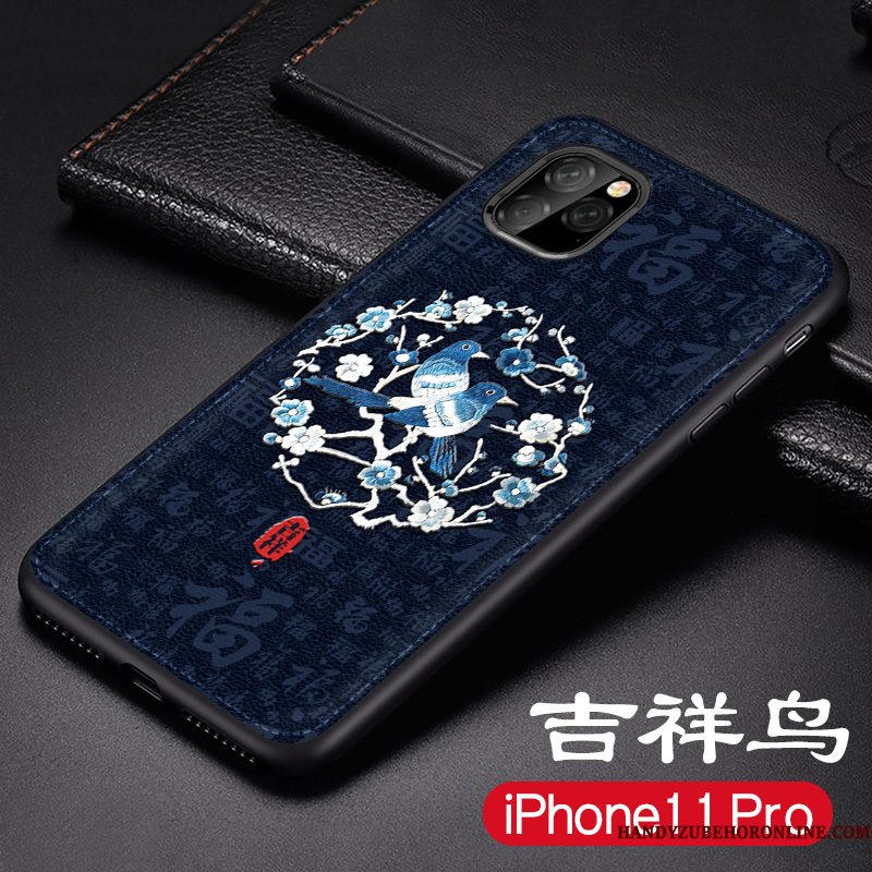 Hoesje iPhone 11 Pro Max Leer Anti-fall Schrobben, Hoes iPhone 11 Pro Max Siliconen Dragon Patroon Blauw