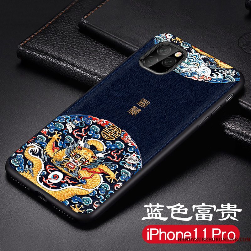 Hoesje iPhone 11 Pro Max Leer Anti-fall Schrobben, Hoes iPhone 11 Pro Max Siliconen Dragon Patroon Blauw
