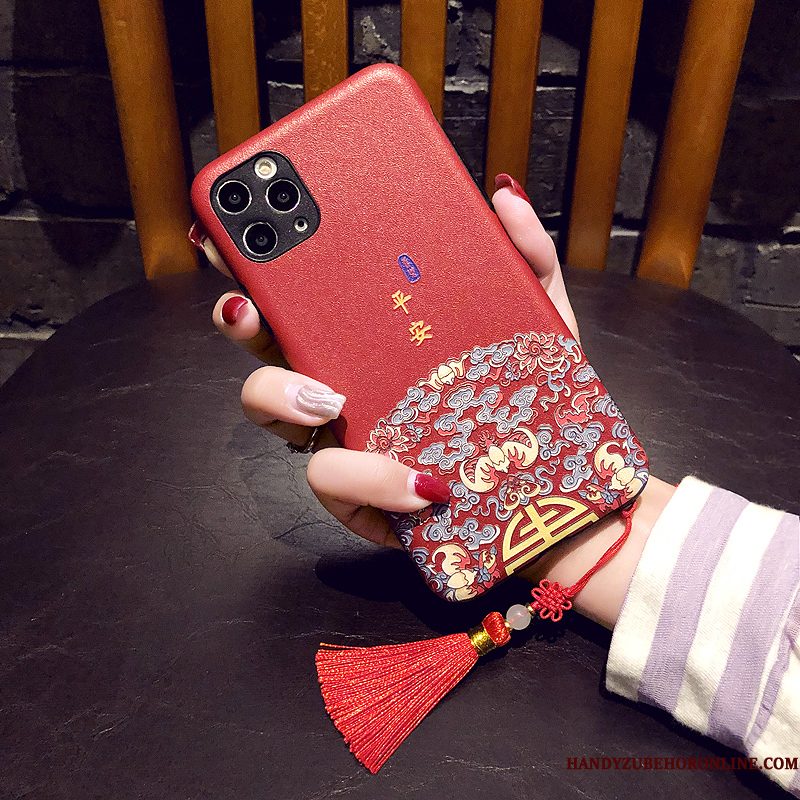 Hoesje iPhone 11 Pro Max Reliëf Chinese Stijl Rood, Hoes iPhone 11 Pro Max Anti-fall Rat