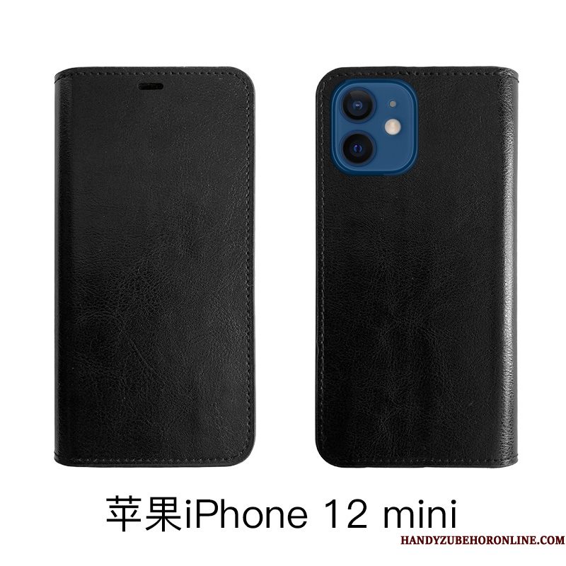 Hoesje iPhone 12 Mini Leer Koe Zwart, Hoes iPhone 12 Mini Bescherming Telefoon