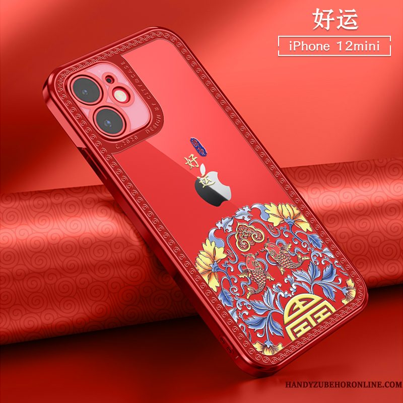 Hoesje iPhone 12 Mini Zacht Rood Anti-fall, Hoes iPhone 12 Mini Zakken Nieuw Chinese Stijl