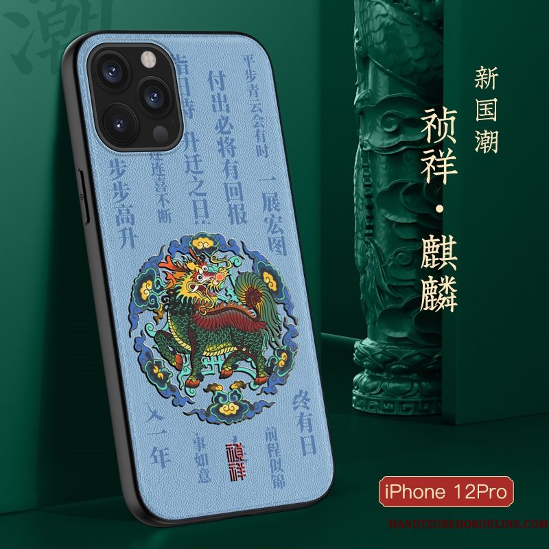 Hoesje iPhone 12 Pro Zacht Blauw Trendy Merk, Hoes iPhone 12 Pro Zakken Chinese Stijl Anti-fall