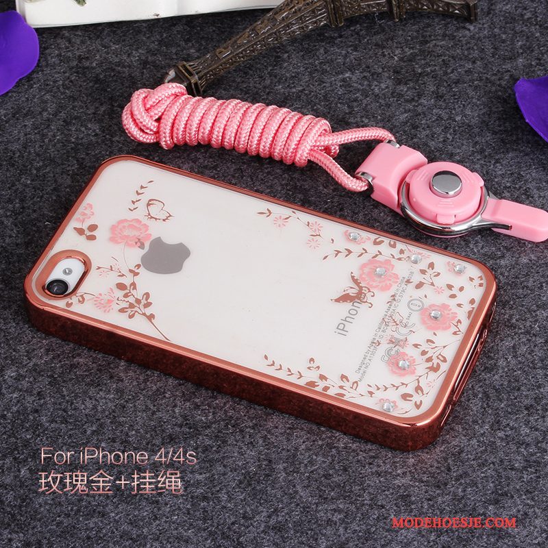 Hoesje iPhone 4/4s Strass Rozetelefoon, Hoes iPhone 4/4s Siliconen Anti-fall