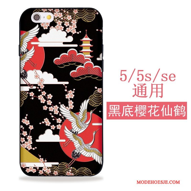 Hoesje iPhone 5/5s Kleur Kat Kraan, Hoes iPhone 5/5s Siliconen Telefoon Zwart