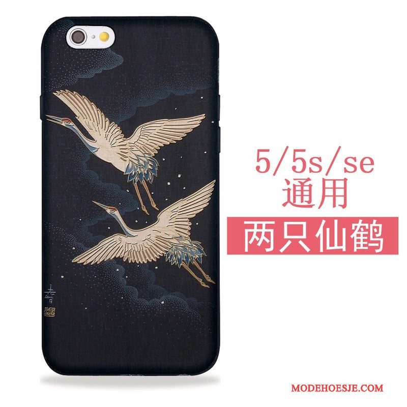 Hoesje iPhone 5/5s Kleur Kat Kraan, Hoes iPhone 5/5s Siliconen Telefoon Zwart