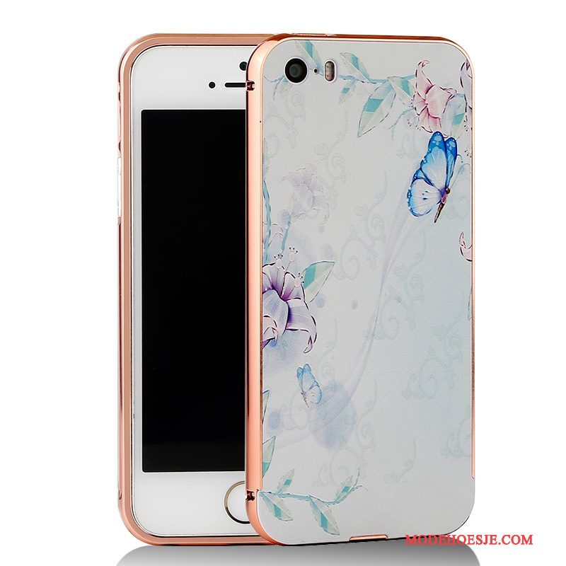 Hoesje iPhone 5/5s Spotprent Blauw Omlijsting, Hoes iPhone 5/5s Metaal Telefoon