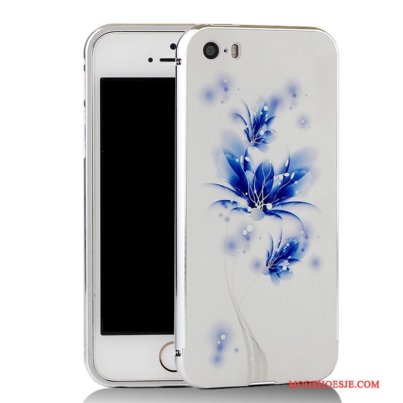 Hoesje iPhone 5/5s Spotprent Blauw Omlijsting, Hoes iPhone 5/5s Metaal Telefoon