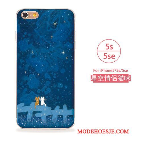 Hoesje iPhone 5/5s Zacht Kat Kunst, Hoes iPhone 5/5s Blauwtelefoon