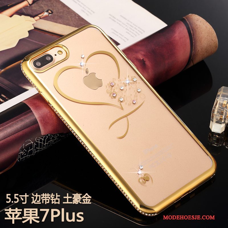 Hoesje iPhone 7 Plus Strass Goud Doorzichtig, Hoes iPhone 7 Plus Luxe Anti-falltelefoon