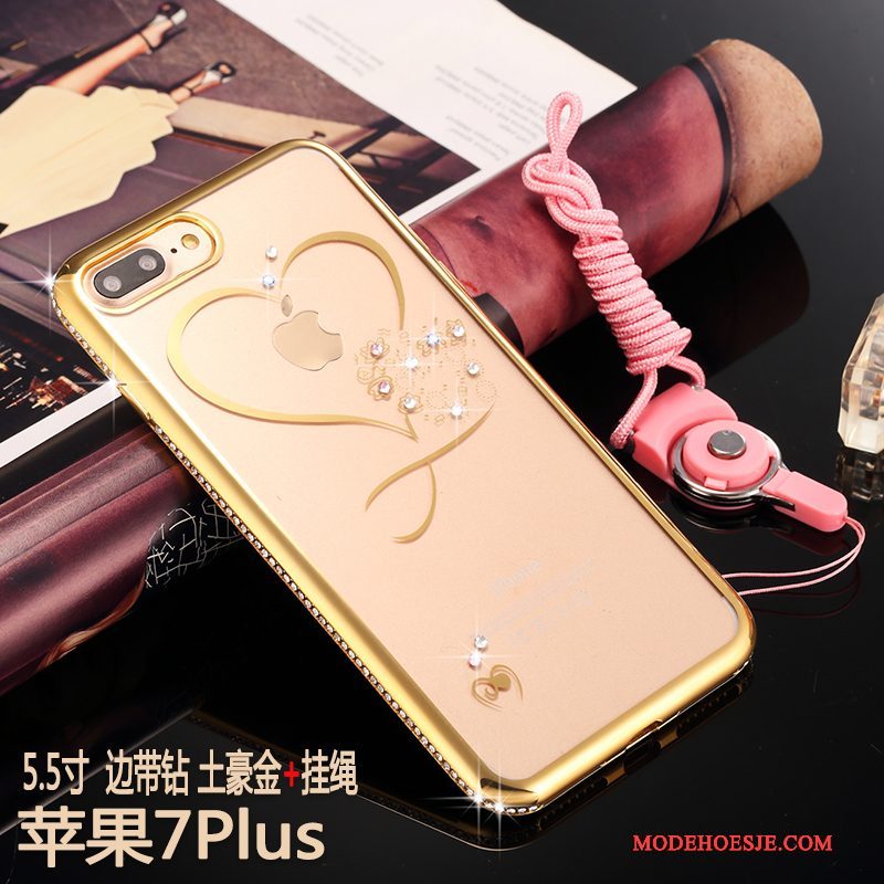 Hoesje iPhone 7 Plus Strass Goud Doorzichtig, Hoes iPhone 7 Plus Luxe Anti-falltelefoon