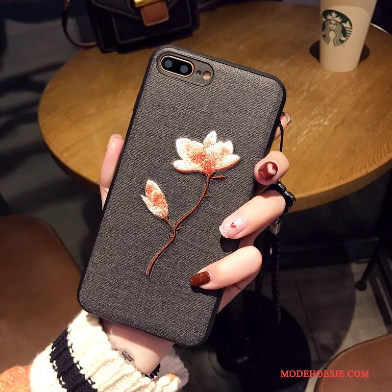 Hoesje iPhone 7 Plus Zacht Telefoon Kunst, Hoes iPhone 7 Plus Bescherming Bloemen Borduurwerk