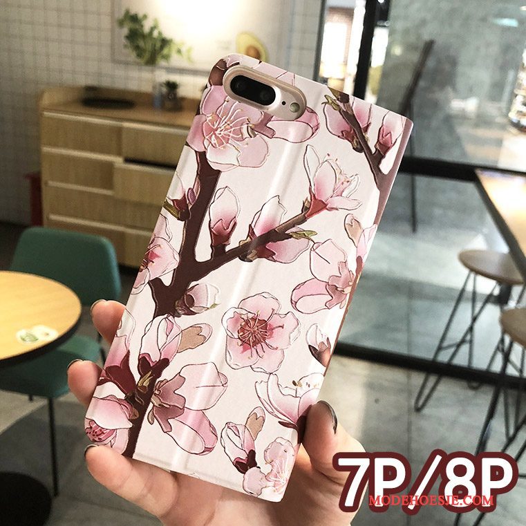 Hoesje iPhone 8 Plus Bloemen Rozetelefoon, Hoes iPhone 8 Plus Leer