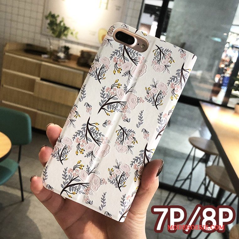 Hoesje iPhone 8 Plus Bloemen Rozetelefoon, Hoes iPhone 8 Plus Leer