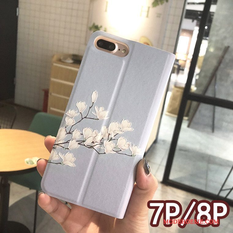 Hoesje iPhone 8 Plus Bloemen Rozetelefoon, Hoes iPhone 8 Plus Leer