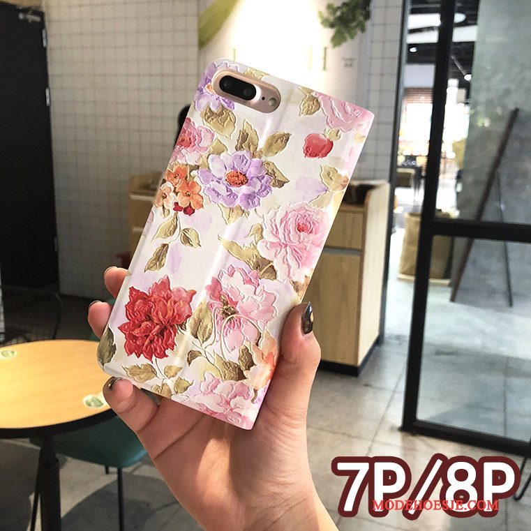 Hoesje iPhone 8 Plus Bloemen Rozetelefoon, Hoes iPhone 8 Plus Leer