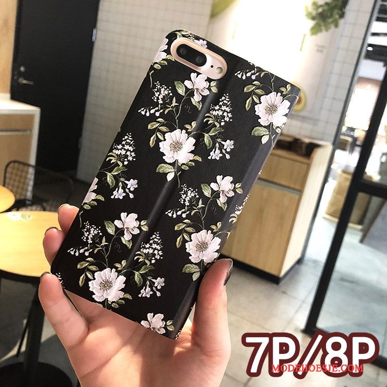 Hoesje iPhone 8 Plus Bloemen Rozetelefoon, Hoes iPhone 8 Plus Leer