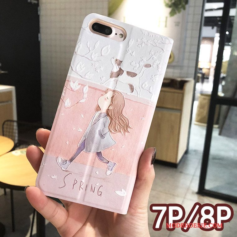 Hoesje iPhone 8 Plus Bloemen Rozetelefoon, Hoes iPhone 8 Plus Leer