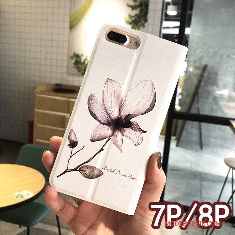 Hoesje iPhone 8 Plus Bloemen Rozetelefoon, Hoes iPhone 8 Plus Leer