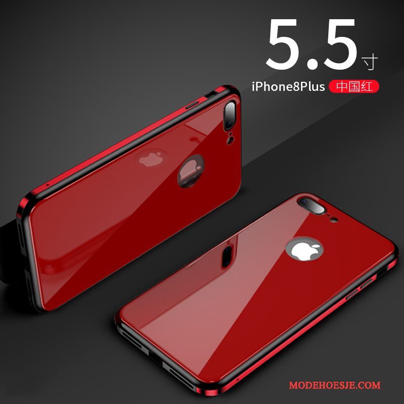 Hoesje iPhone 8 Plus Metaal Gehard Glas Trend, Hoes iPhone 8 Plus Siliconen Anti-fall Rood