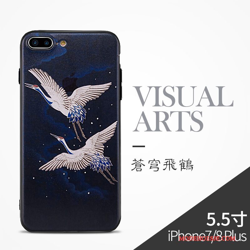 Hoesje iPhone 8 Plus Siliconen Zwarttelefoon, Hoes iPhone 8 Plus Bescherming Chinese Stijl Blauw