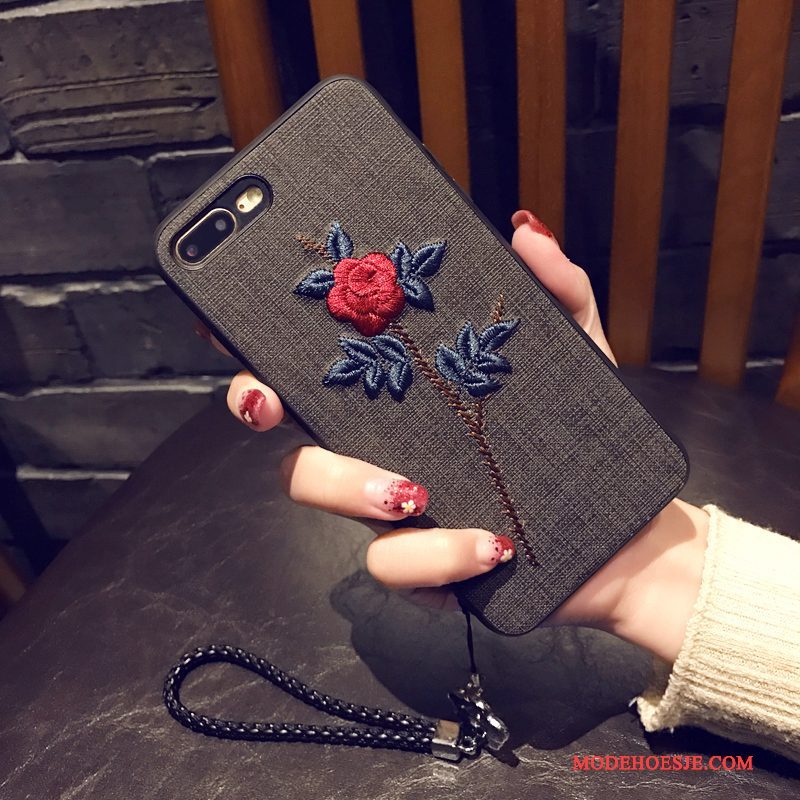 Hoesje iPhone 8 Plus Zacht Hanger Zwart, Hoes iPhone 8 Plus Bescherming Bloemen Anti-fall