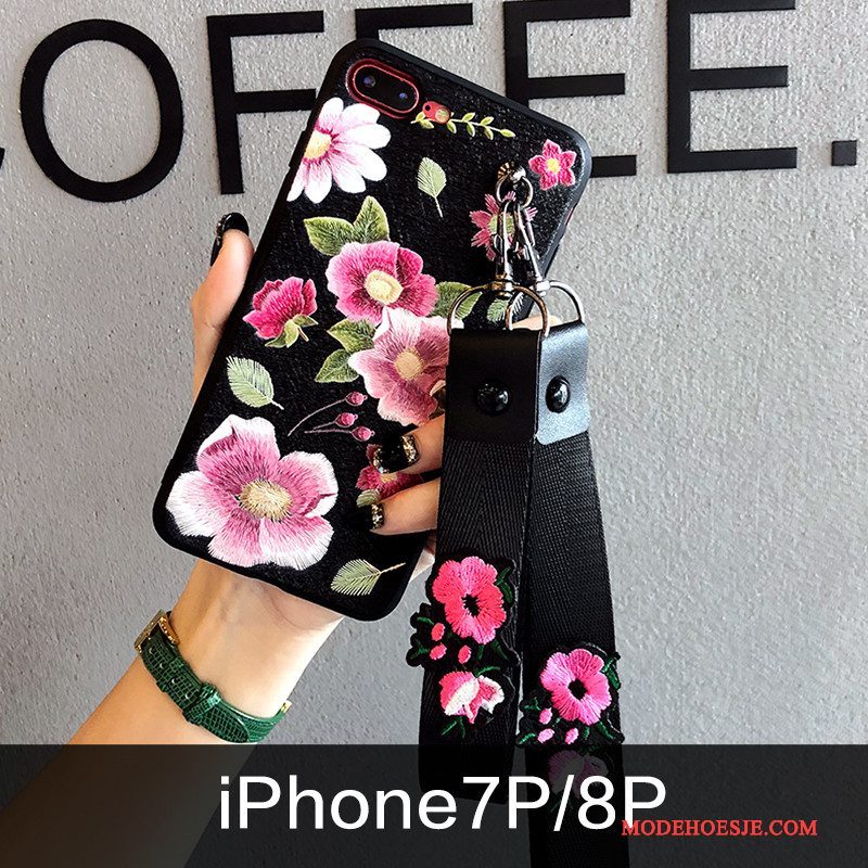Hoesje iPhone 8 Plus Zacht Trendy Merk Nieuw, Hoes iPhone 8 Plus Siliconen Bloemen Borduurwerk