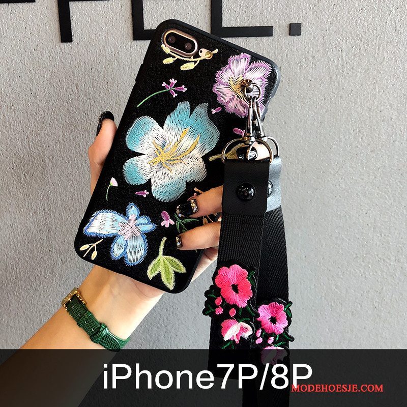 Hoesje iPhone 8 Plus Zacht Trendy Merk Nieuw, Hoes iPhone 8 Plus Siliconen Bloemen Borduurwerk